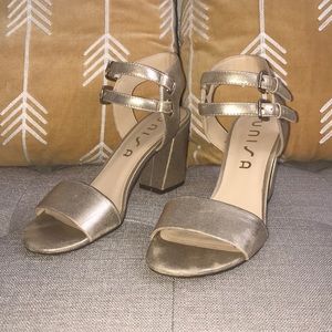 Double Strap Gold Peeptoe Heels